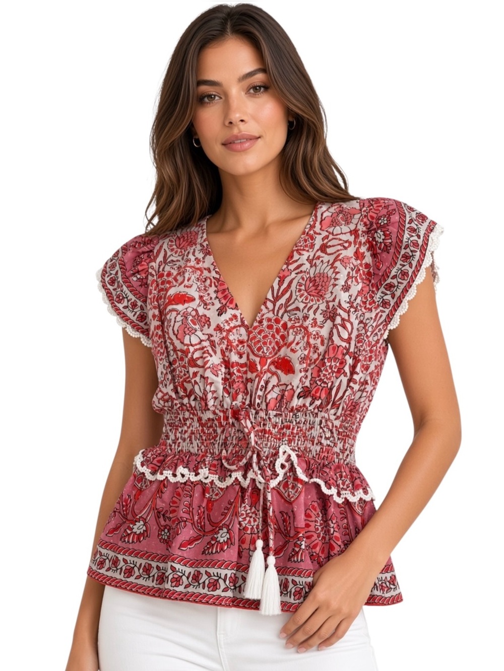 Farmers Market Floral V-Neck Smocked Waist Blouse with Tassel Tie